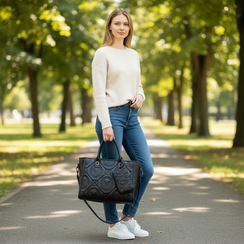 Valentino‎ Orlandi Black Quilted Tote Bag Crossbody with Pouch V-4001G Gunmetal
